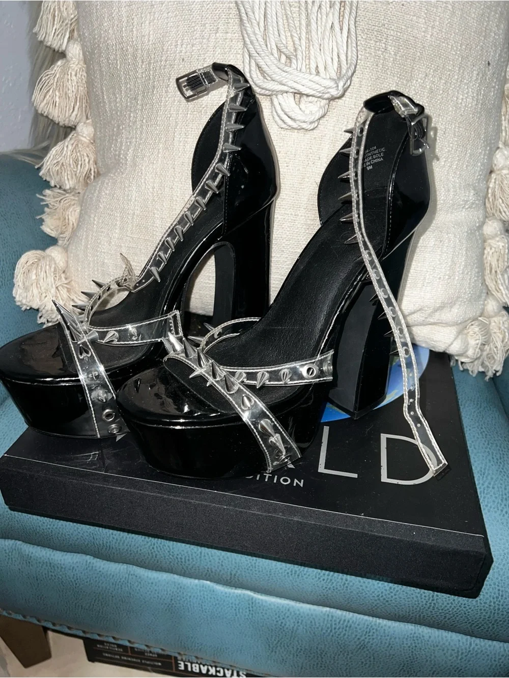Widow Dolls Kill Black Patent Spike Platform Heels with Silver Studs